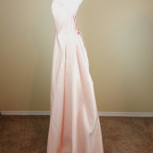 Alfred Sung Crisscross Back Dress Gown Women's Size 12 Blush Pink Satin D763 - Picture 5 of 9